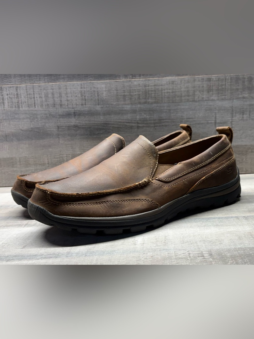 Skechers Superior Gains 63697 Mens 12 Brown Leather Slip On Loafers Relaxed